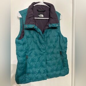 The North Face down 550 vest, teal/green and deep purple, size L